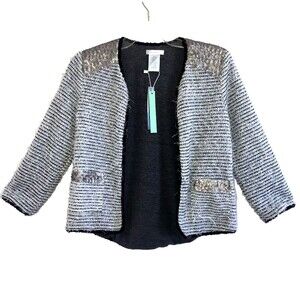 ESLEY S Sequin Eyelash Combed Knit Over-Top Jacket Blazer Gray Black Open Front